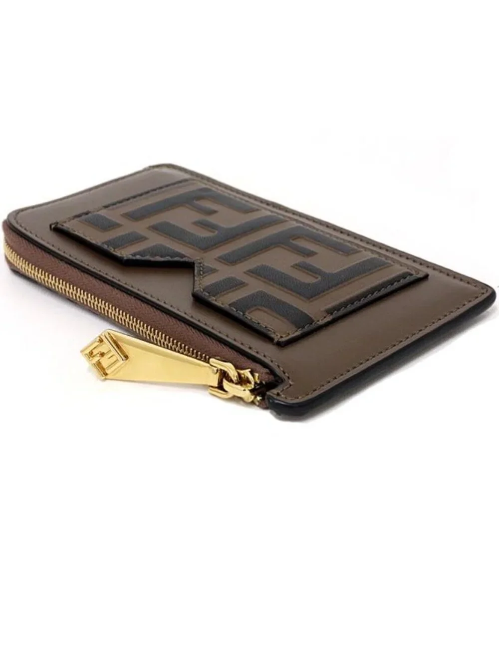 Fendi FF Diamond Card Slot Zucca Pattern Fragment Case Coin Purse Leather Brown